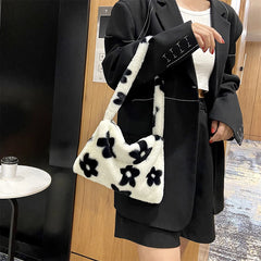 Flower Heart Print Shoulder Bag Plush Handbags Women Autumn Winter