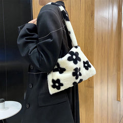 Flower Heart Print Shoulder Bag Plush Handbags Women Autumn Winter
