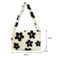 Flower Heart Print Shoulder Bag Plush Handbags Women Autumn Winter