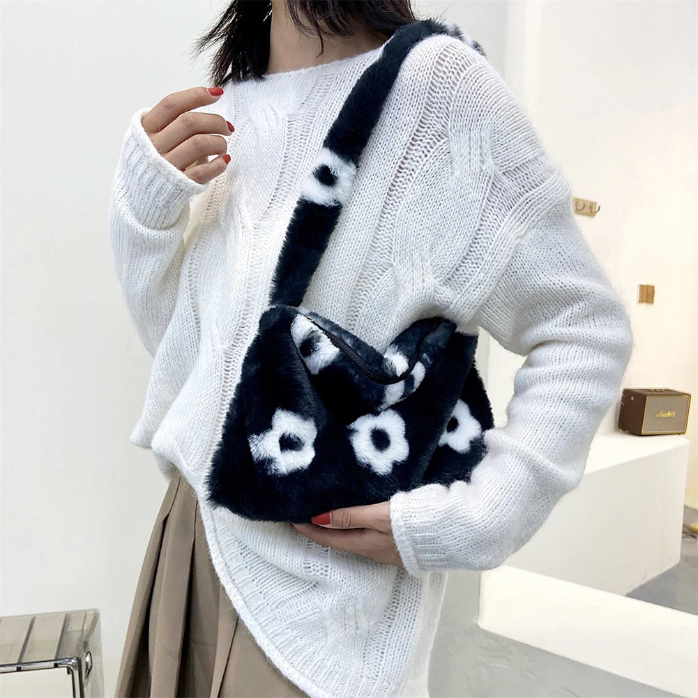Flower Heart Print Shoulder Bag Plush Handbags Women Autumn Winter