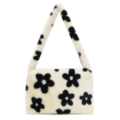 Flower Heart Print Shoulder Bag Plush Handbags Women Autumn Winter