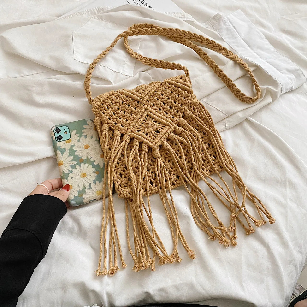 Hollow Tassel One-Shoulder Messenger Women's Bag Straw Woven Bag