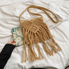 Hollow Tassel One-Shoulder Messenger Women's Bag Straw Woven Bag