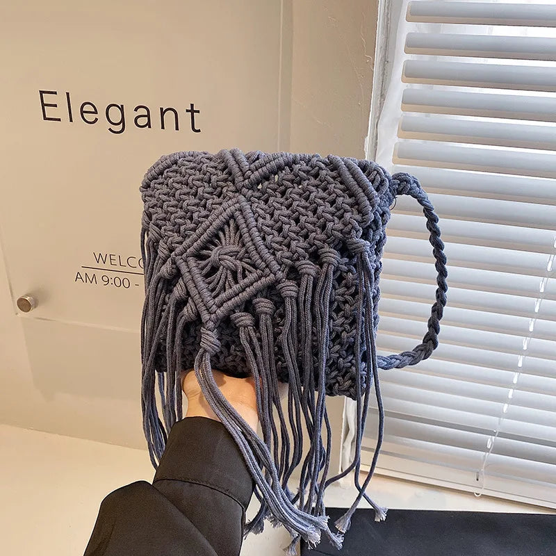 Hollow Tassel One-Shoulder Messenger Women's Bag Straw Woven Bag