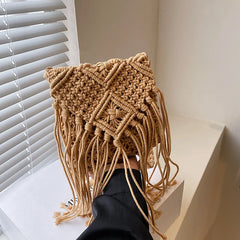 Hollow Tassel One-Shoulder Messenger Women's Bag Straw Woven Bag