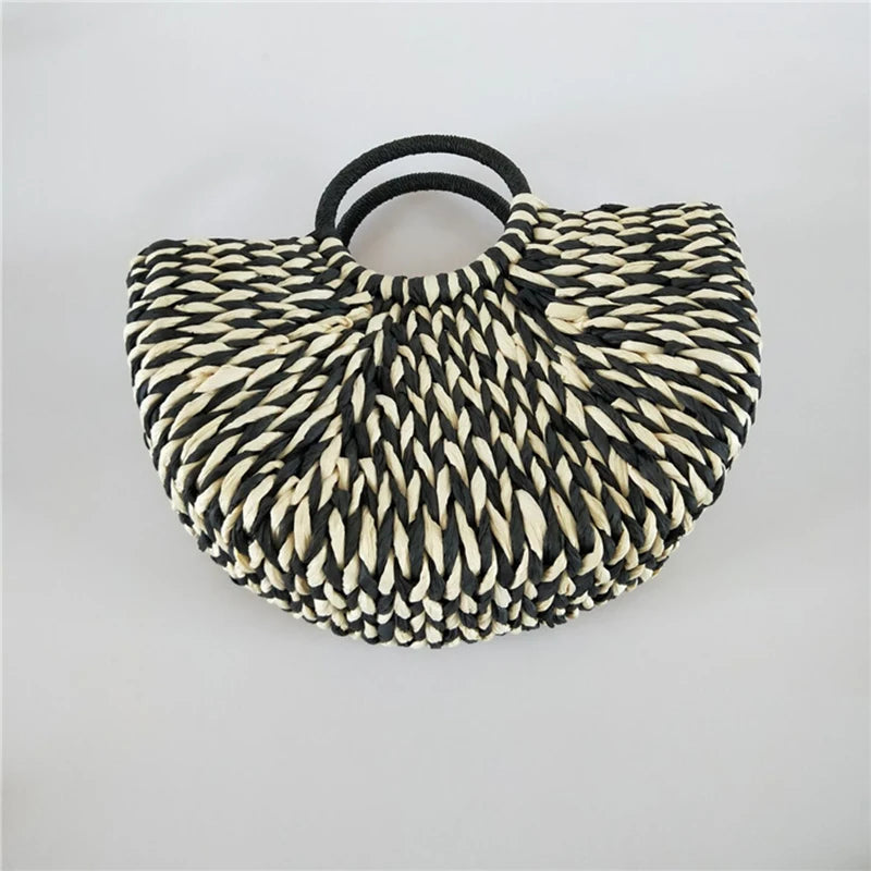 Straw Round Bucket Bag Semicircle Woven Basket Rattan Handbag