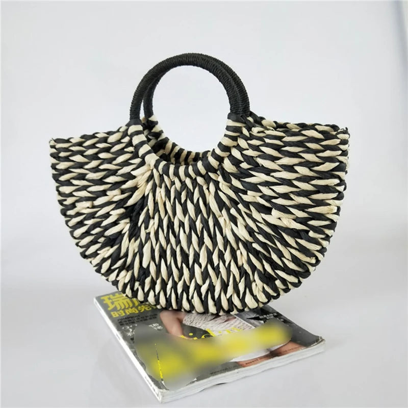 Straw Round Bucket Bag Semicircle Woven Basket Rattan Handbag