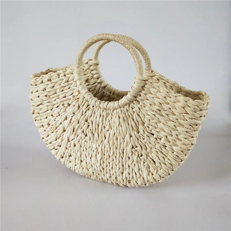 Straw Round Bucket Bag Semicircle Woven Basket Rattan Handbag