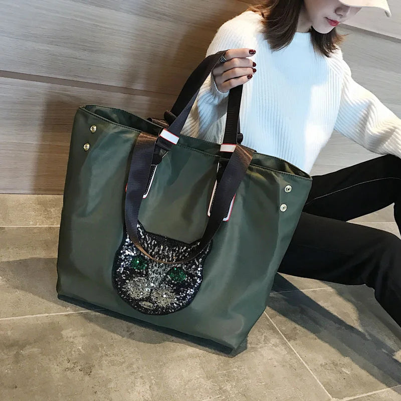 Sequin Cat Head Travel Shoulder Bag