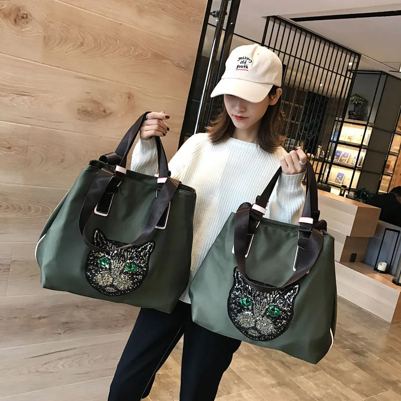 Sequin Cat Head Travel Shoulder Bag