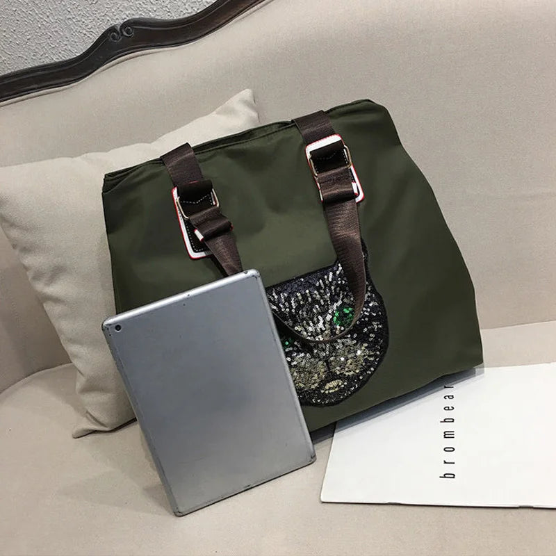 Sequin Cat Head Travel Shoulder Bag
