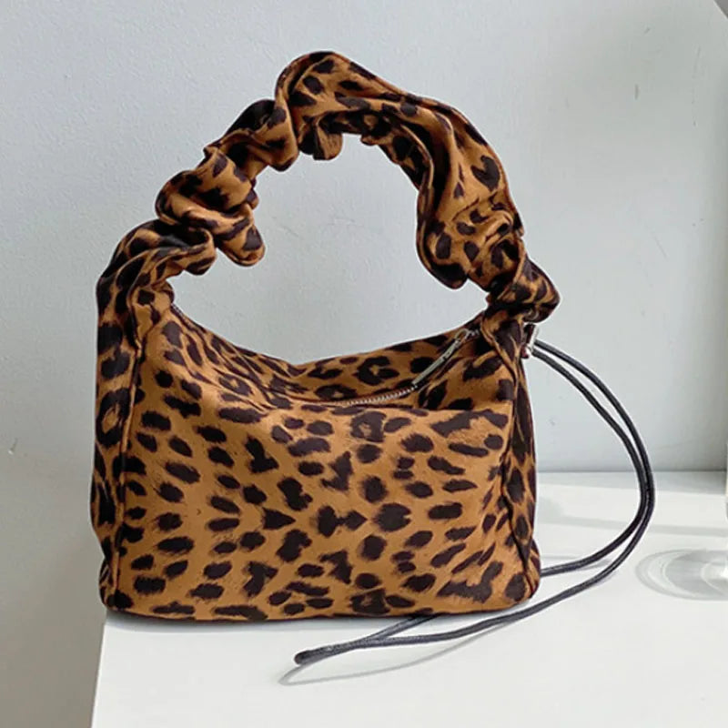 Winter Single Shoulder Bag Fold Women Handbag Leopard Armpit Bag