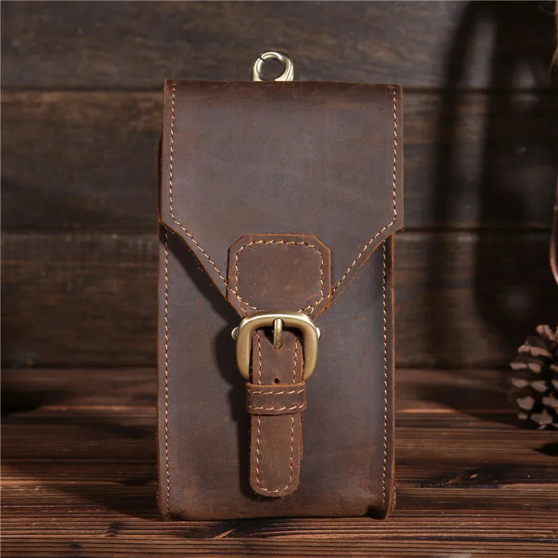 Neweekend Leather Waist Packs for Men Phone Waist Bag Vintage Male Mini Wallets
