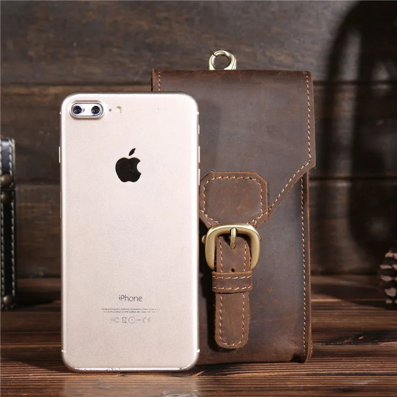 Neweekend Leather Waist Packs for Men Phone Waist Bag Vintage Male Mini Wallets