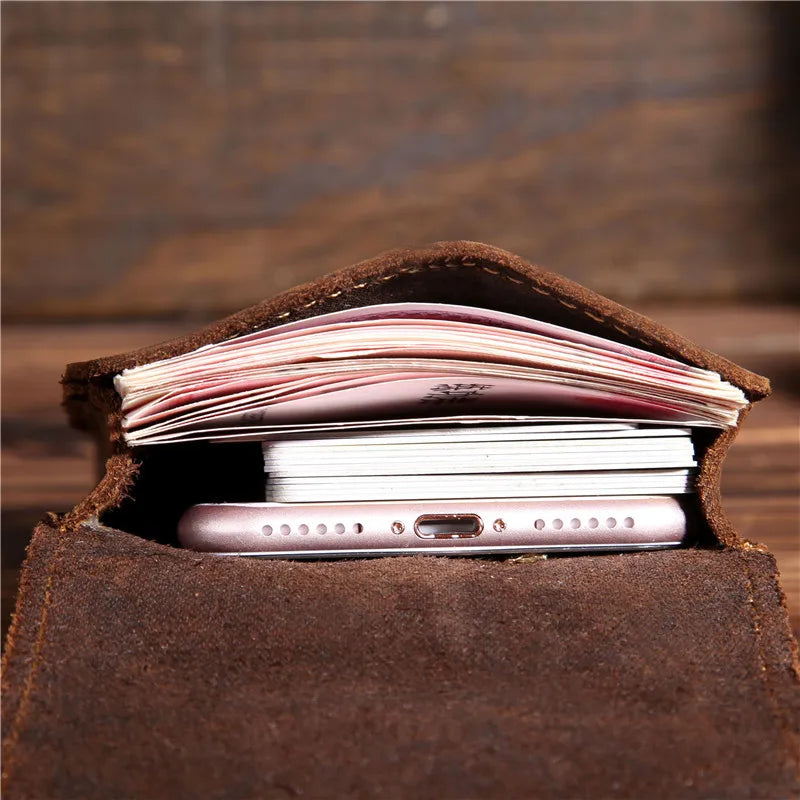 Neweekend Leather Waist Packs for Men Phone Waist Bag Vintage Male Mini Wallets