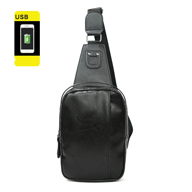 Men Casual High Pu Leather Belt Bag Sports USB Interface Single Shoulder