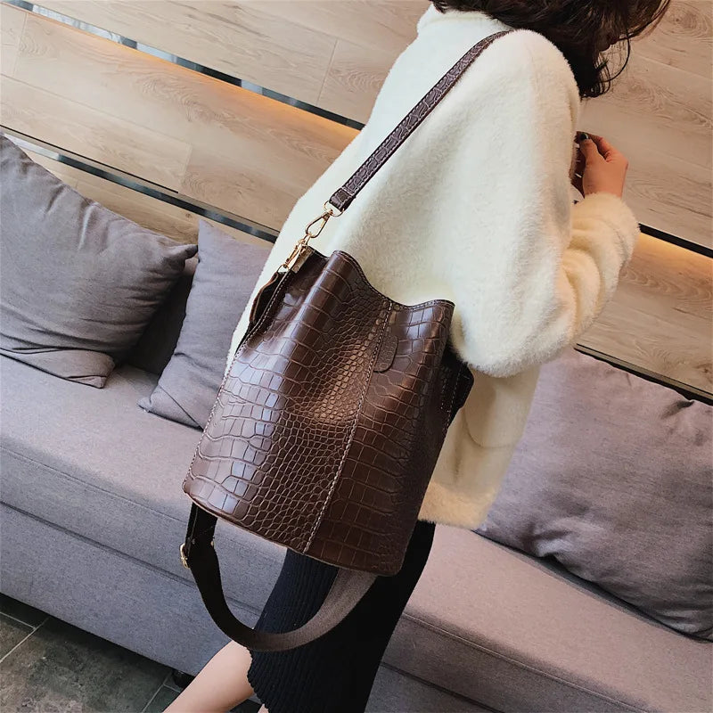 Crocodile Pattern Shoulder Bag Bucket Satchel