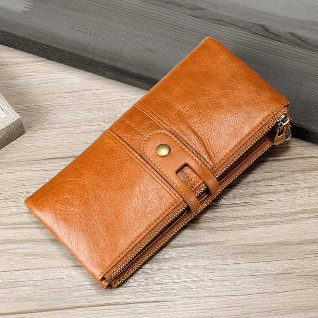 High Quality Leather Long Wallet Clutch Purse Zipper Female Big Red Brown