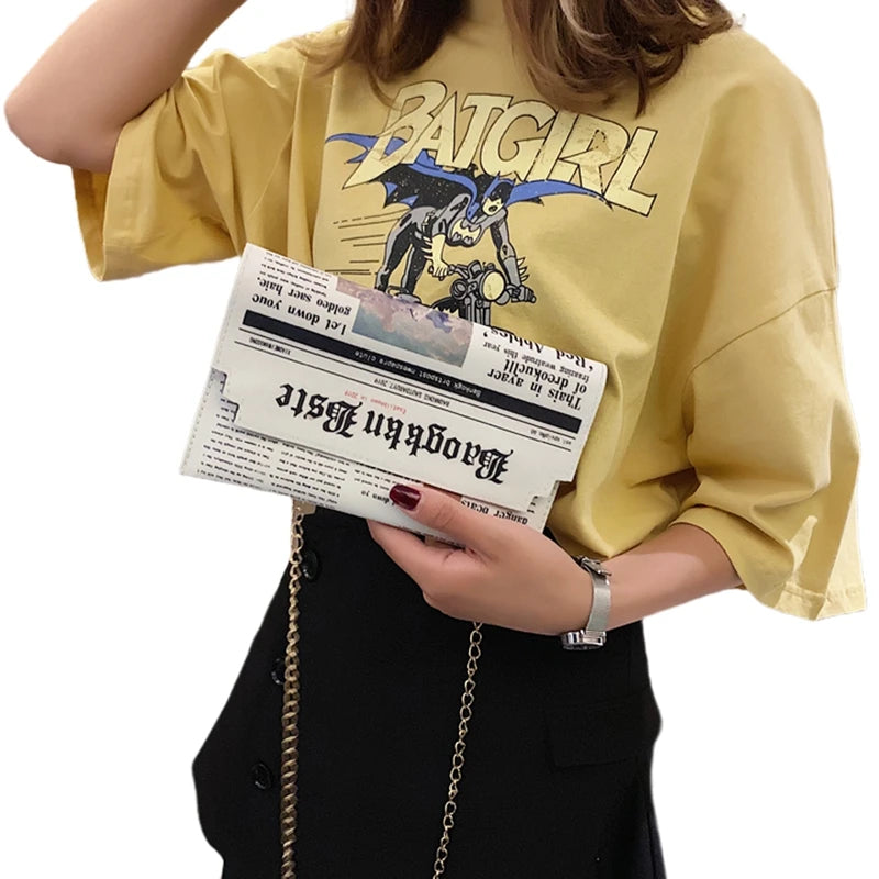 Newspaper Print Crossbody Messenger Bag Women Casual Envelope Clutch