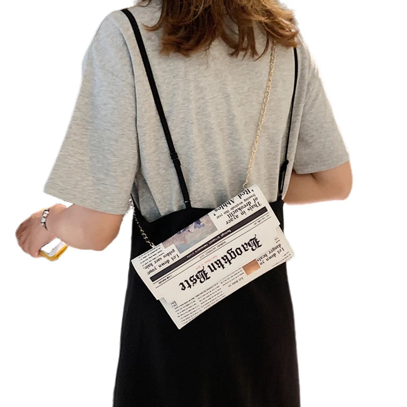 Newspaper Print Crossbody Messenger Bag Women Casual Envelope Clutch