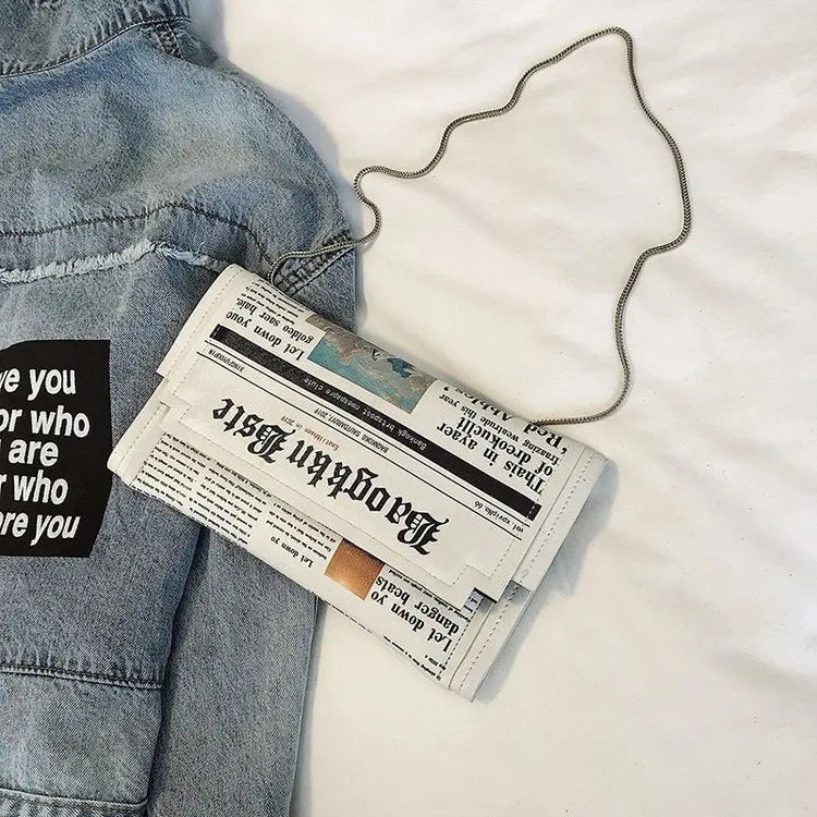 Newspapers Print Clutch Bag Envelope Shoulder Purse Evening Wallet