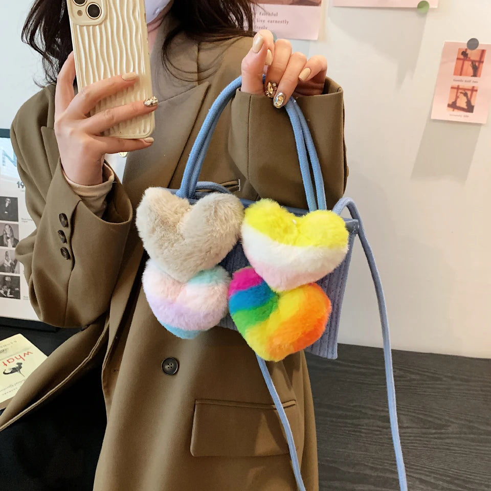 Colorful Furry Love Denim Handbag Shoulder Crossbody