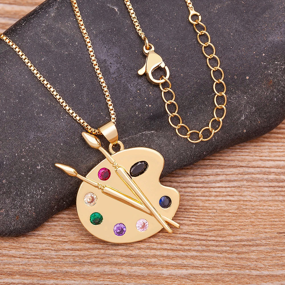 Zircon Copper Pendant Art Palette Necklace