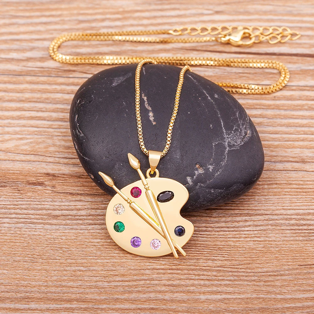Zircon Copper Pendant Art Palette Necklace