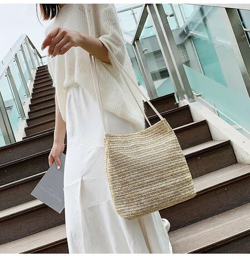 Women Knitted Rattan Straw Crossbody Bag Satchel Handbag