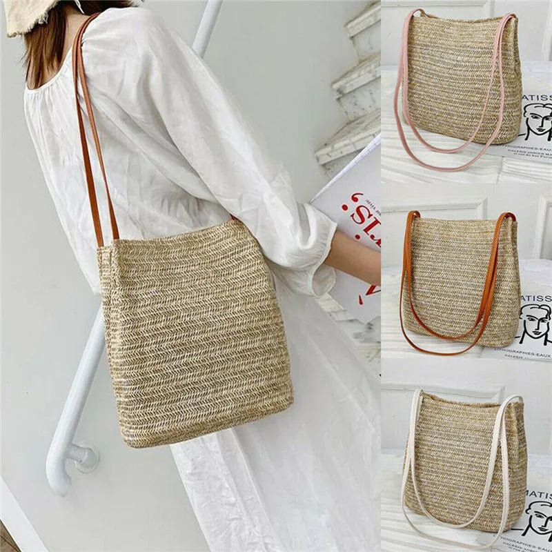 Women Knitted Rattan Straw Crossbody Bag Satchel Handbag