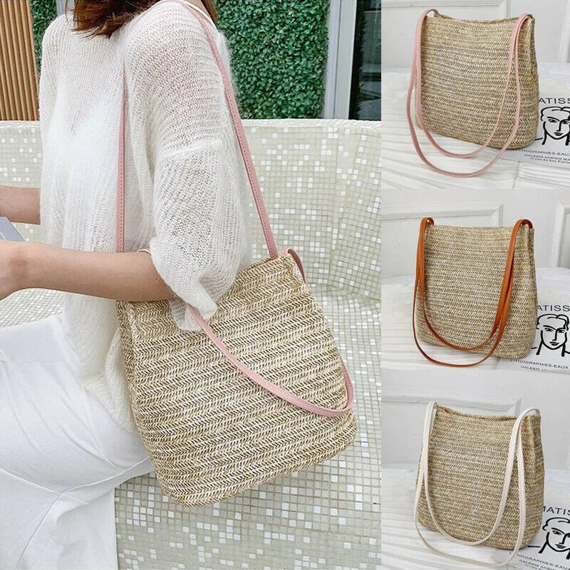 Women Knitted Rattan Straw Crossbody Bag Satchel Handbag
