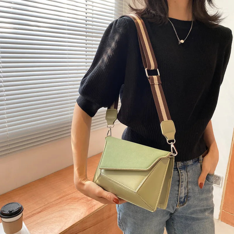 Nubuck Leather Geometric Crossbody Bag Wide Strap Small Square Messenger Bag