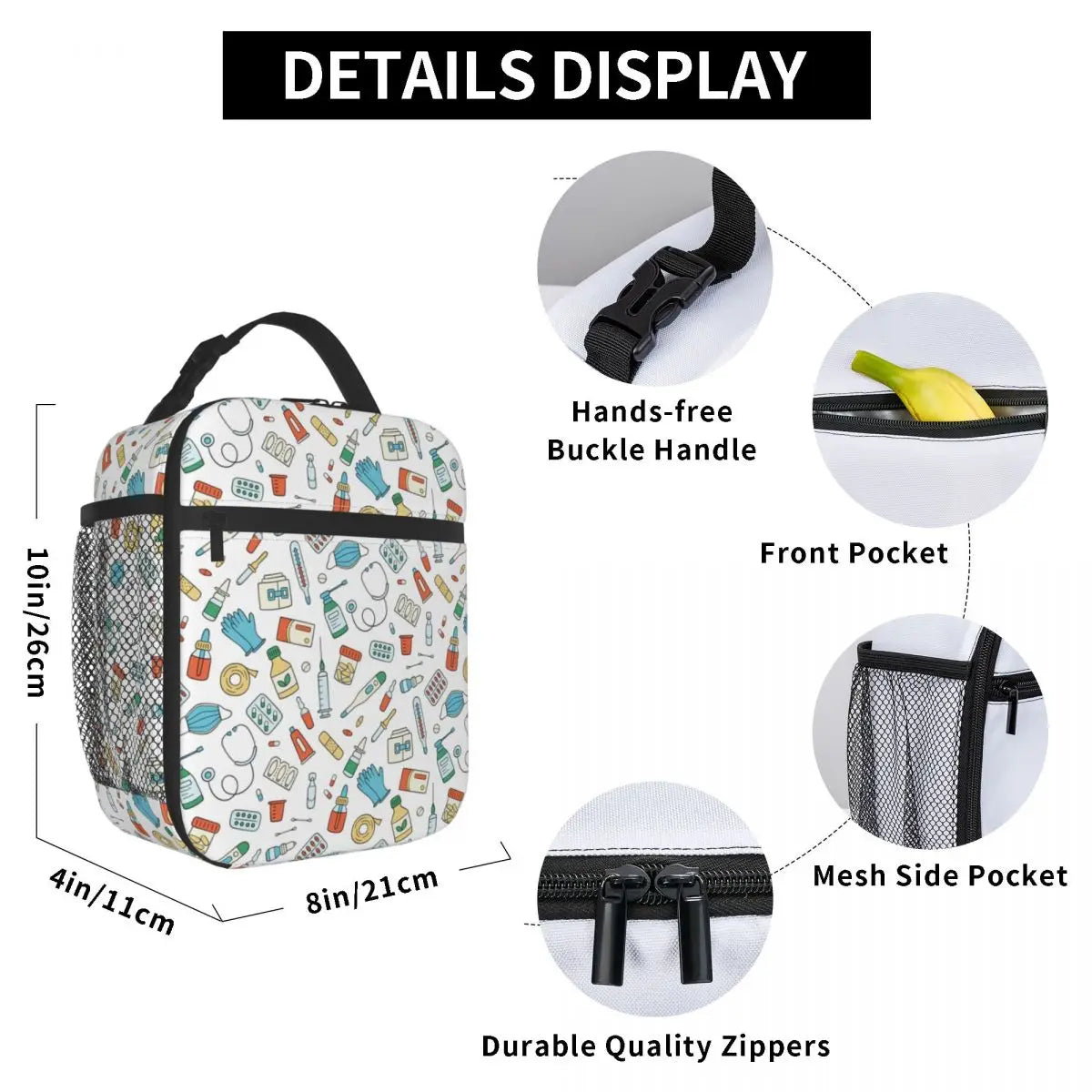 Nurse Pattern Insulated Lunch Bag Leakproof Cooler