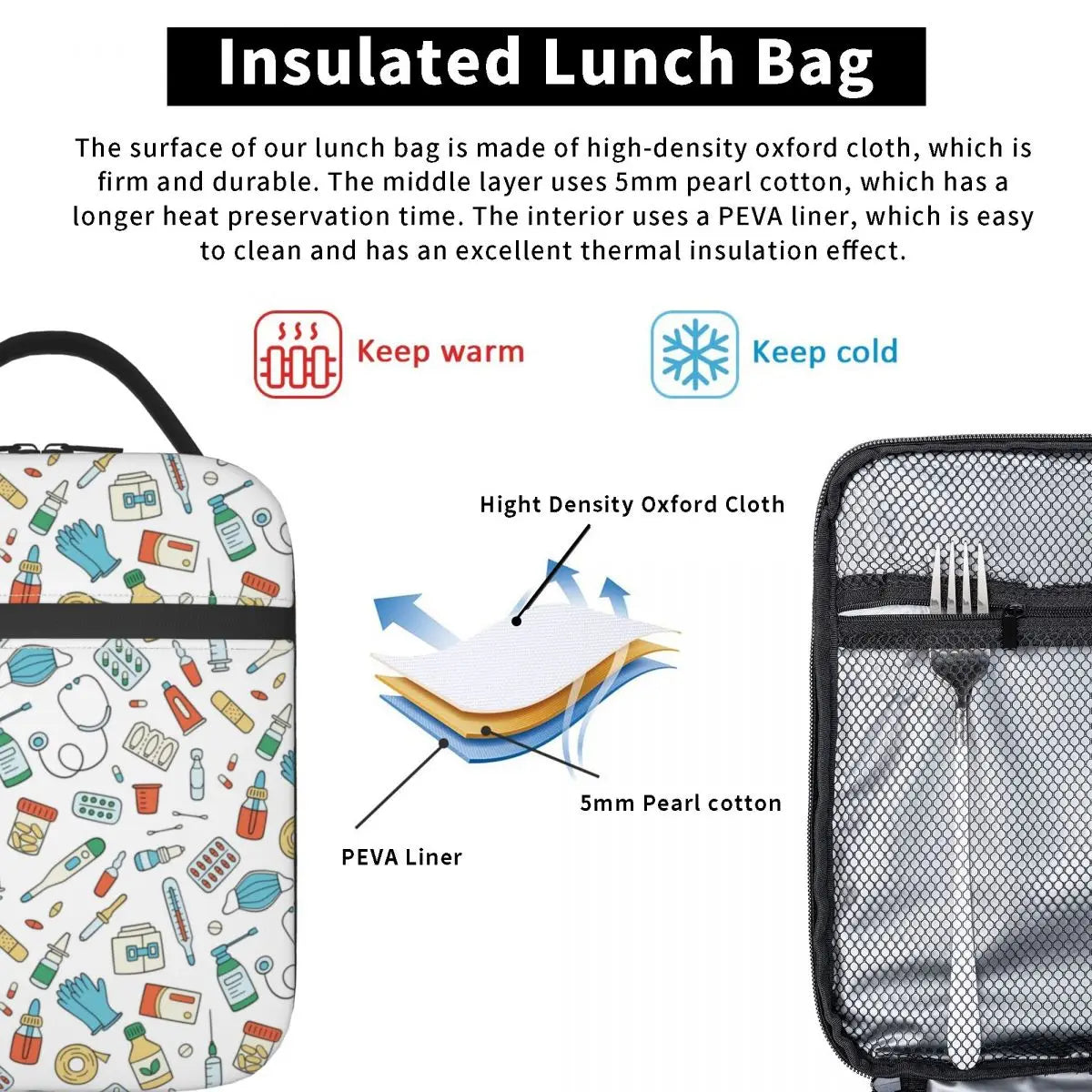 Nurse Pattern Insulated Lunch Bag Leakproof Cooler