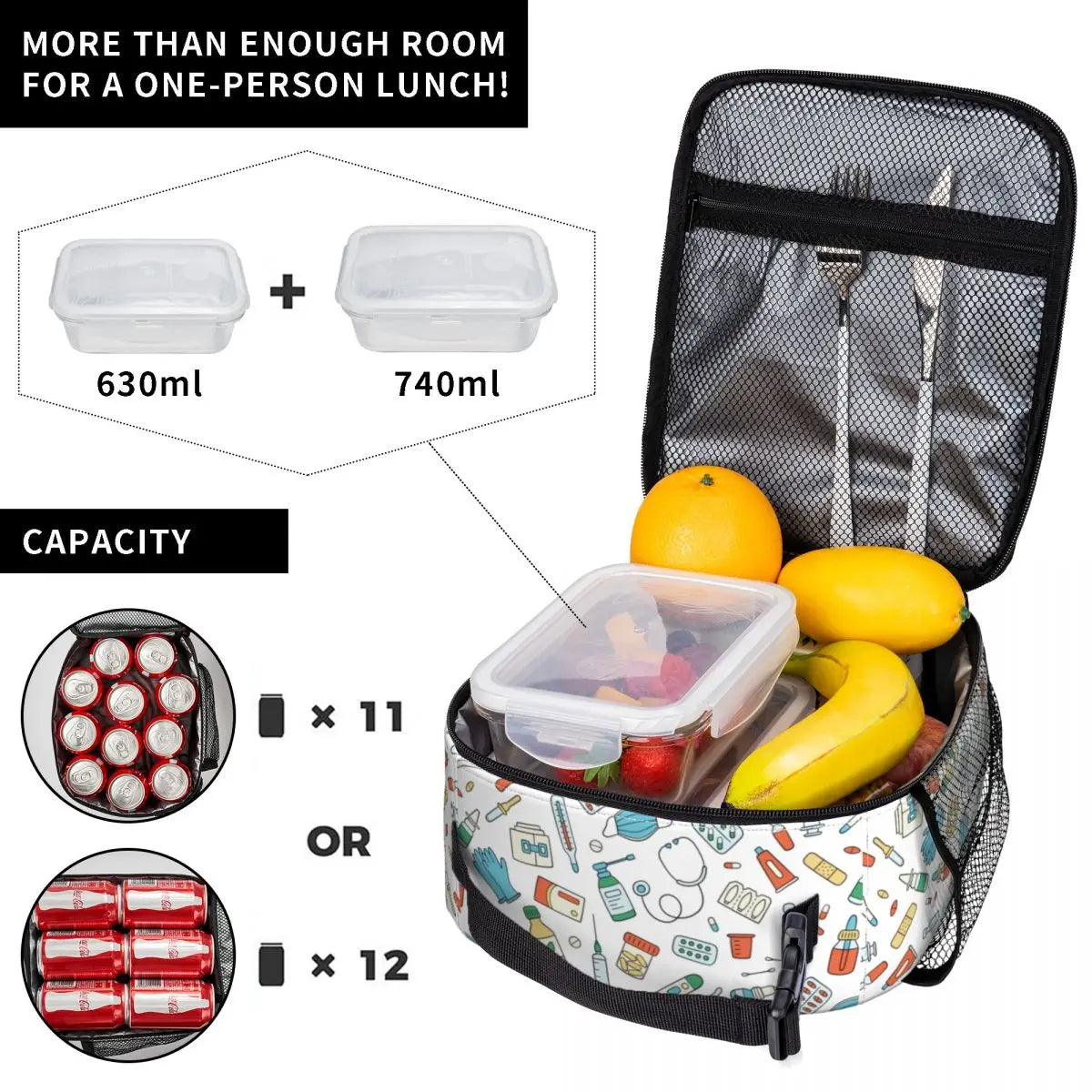 Nurse Pattern Insulated Lunch Bag Leakproof Cooler
