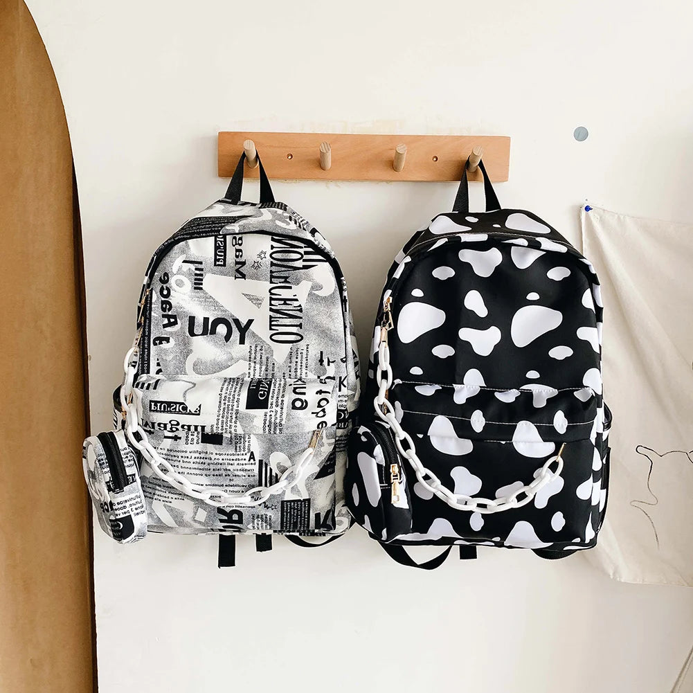 Nylon Backpack Girls Cow Letter Print School Book Bags Daily Travel Rucksack