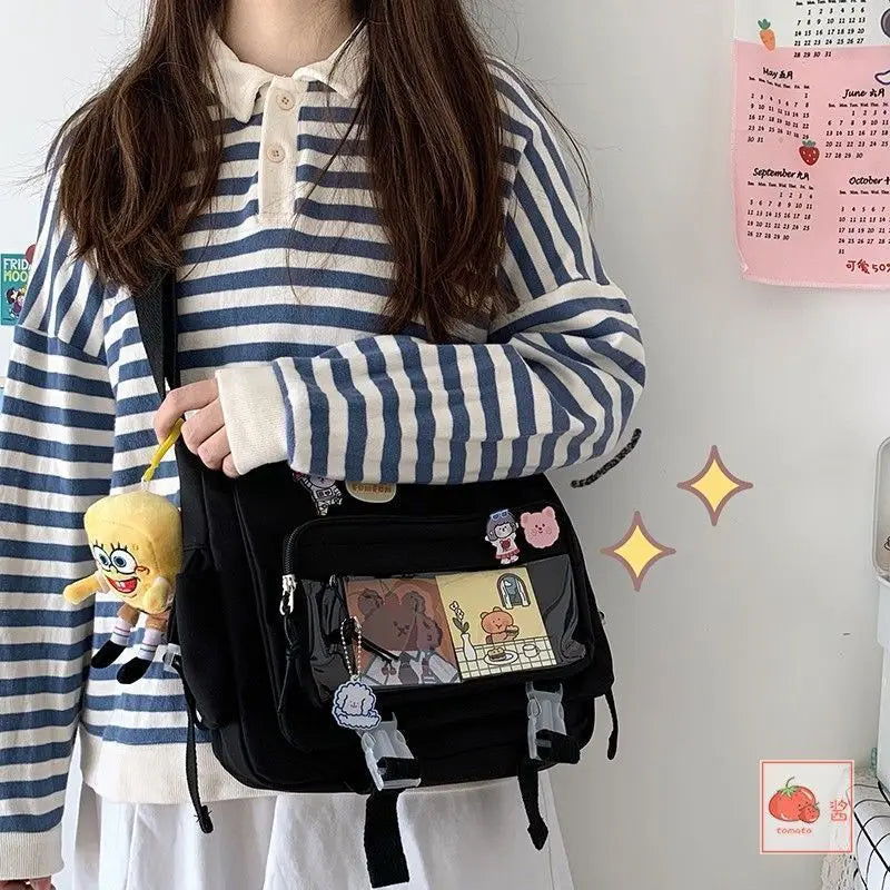 Nylon Crossbody Messenger Bag for Women School College - Black