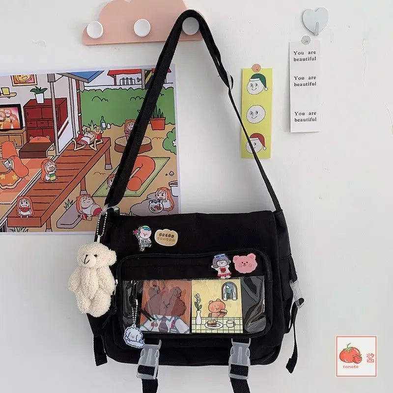 Nylon Crossbody Messenger Bag for Women School College - Black