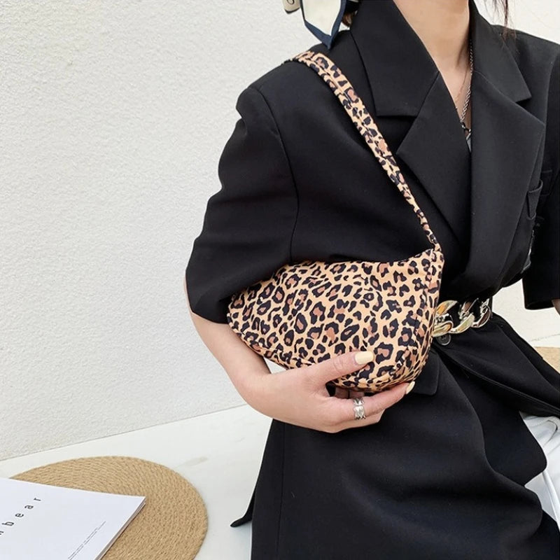 Nylon Plaid Leopard Print Casual Shoulder Bag for Women Girls