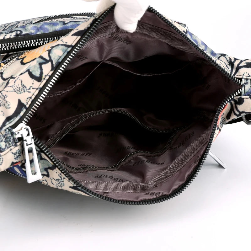 Waterproof Nylon Shoulder Bag Floral Travel Purse Multi-pocket Zipper Messenger