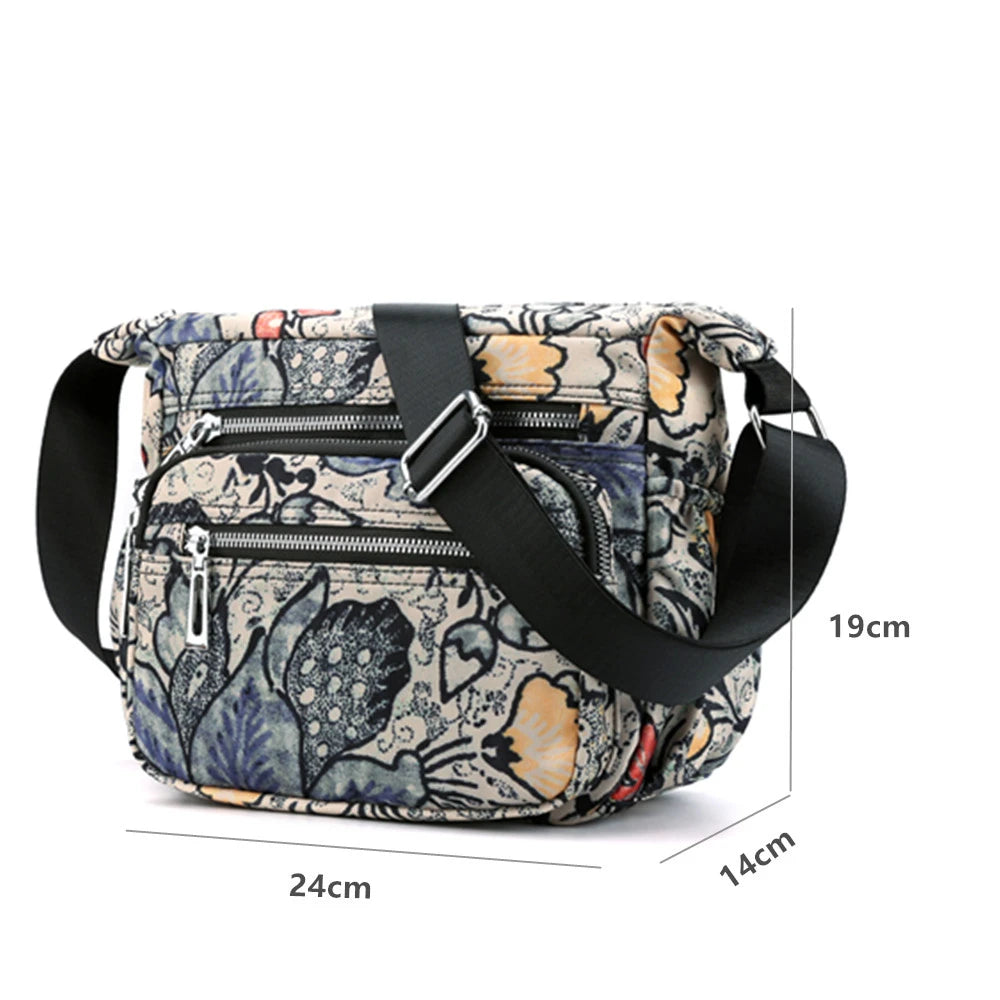 Waterproof Nylon Shoulder Bag Floral Travel Purse Multi-pocket Zipper Messenger