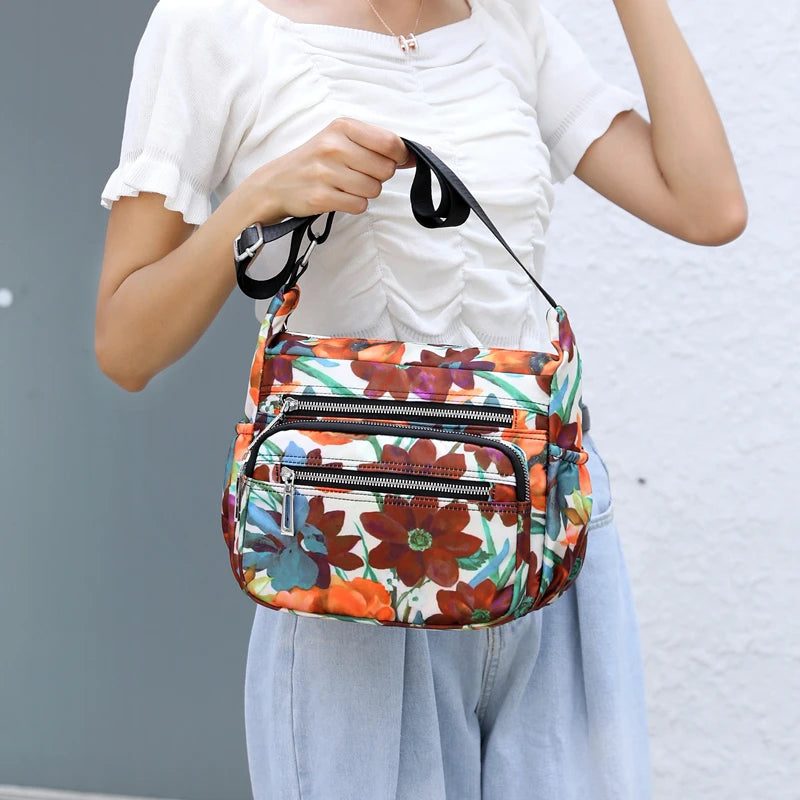 Waterproof Nylon Shoulder Bag Floral Travel Purse Multi-pocket Zipper Messenger