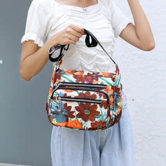 Waterproof Nylon Shoulder Bag Floral Travel Purse Multi-pocket Zipper Messenger