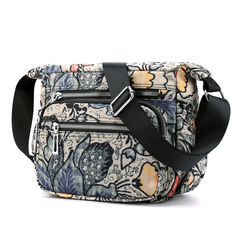 Waterproof Nylon Shoulder Bag Floral Travel Purse Multi-pocket Zipper Messenger