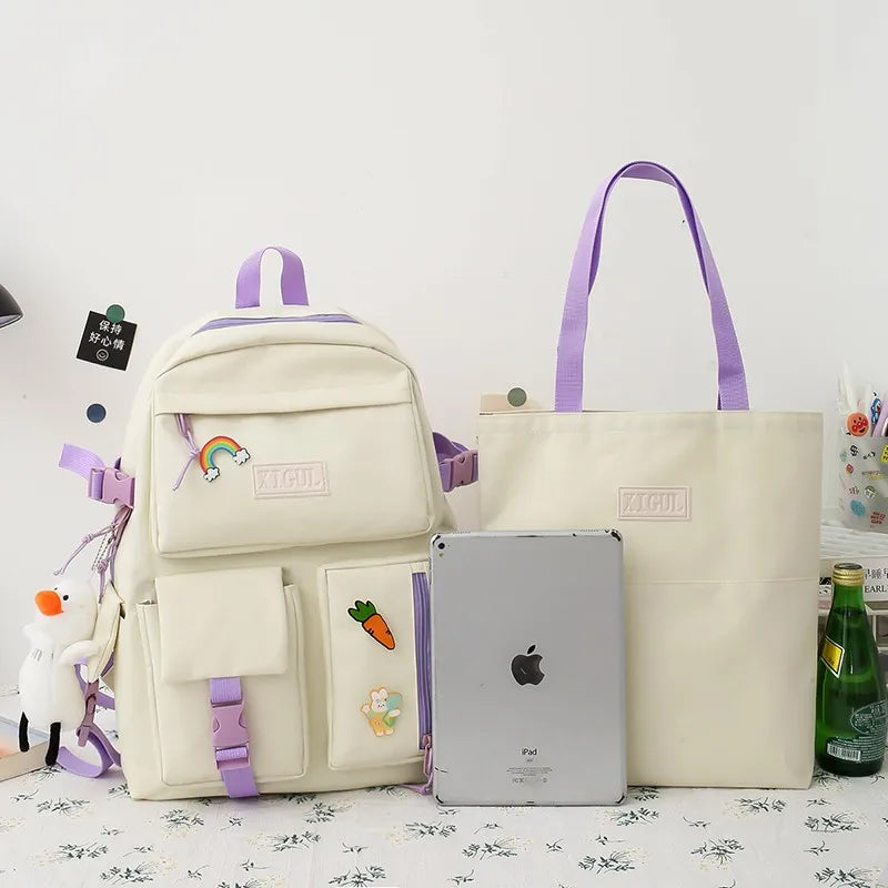 Canvas School Backpack Set Teen Girls Women College Laptop Bag