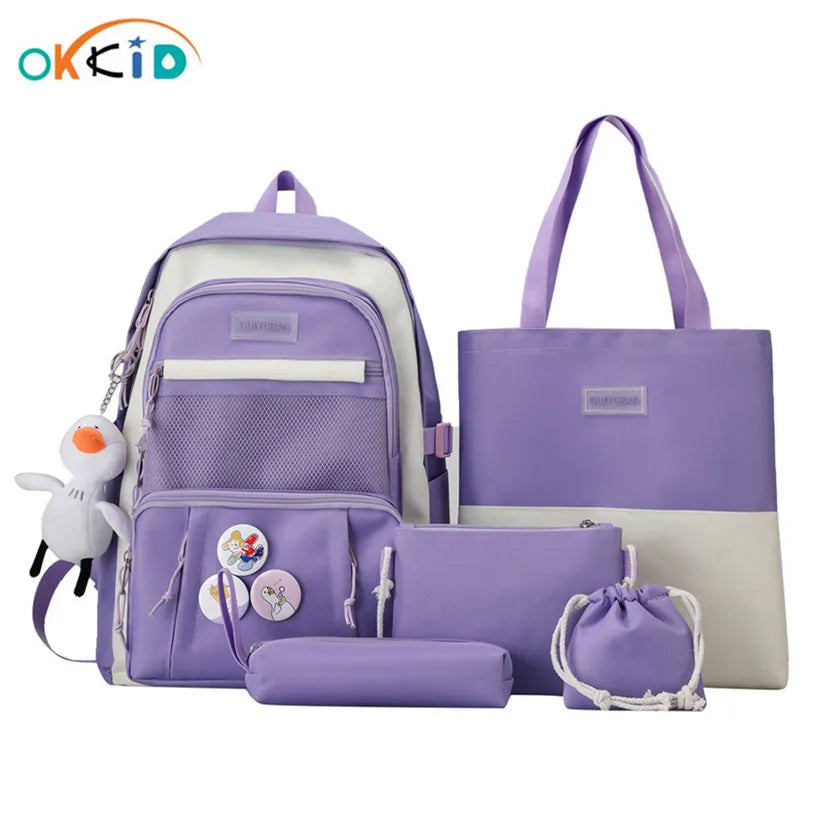 6pcs Canvas School Bags for Teenage Girls Female Laptop Backpack