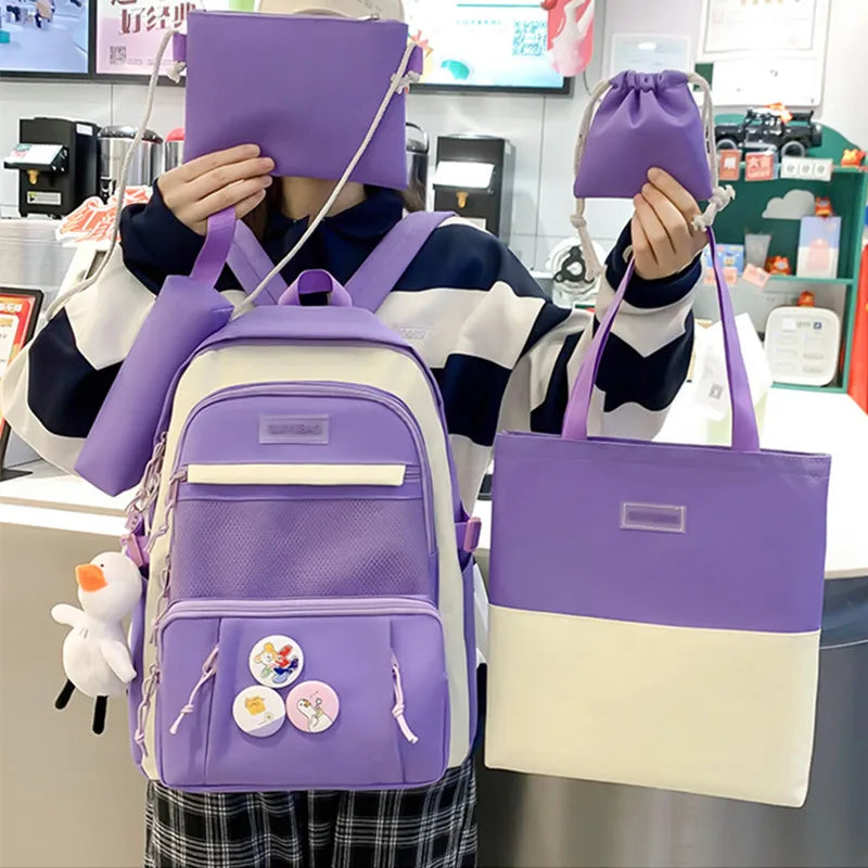 6pcs Canvas School Bags for Teenage Girls Female Laptop Backpack