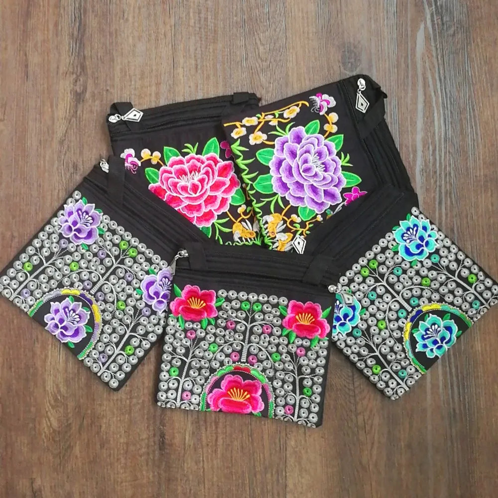 Vintage Ethnic Embroidery Canvas Bags Double Zipper Women Crossbody Bags