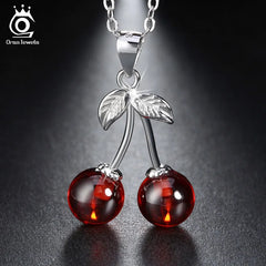 925 Silver Red Stone Cherry Pendant Necklace Women Silver Jewelry SN03
