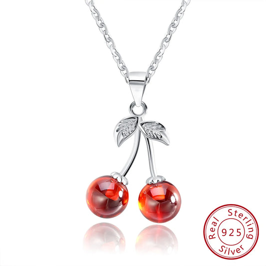 925 Silver Red Stone Cherry Pendant Necklace Women Silver Jewelry SN03